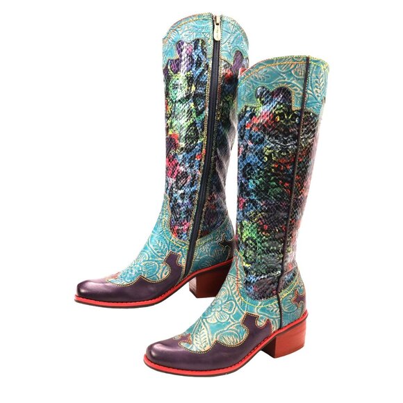 L'Artiste Spring Step Rodeo Women 5 Turquoise Leather Snake Zipper Western Boots - Picture 12 of 16